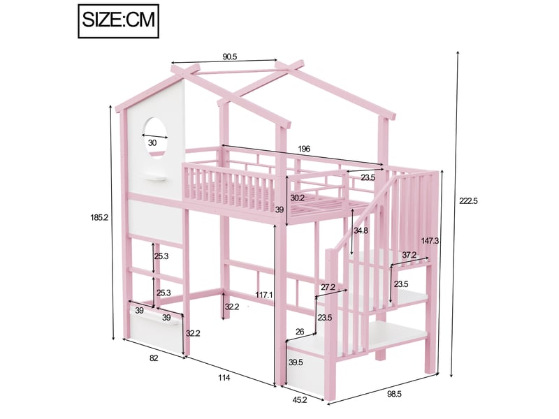  Lit mezzanine enfant 90 x 200 cm en métal, escalier avec rangement, garde-corps haut et éclairage led, rose evarich - Conforama C