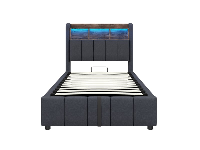  Lit enfant 90x200 cm en tissu gris, led, usb, tête de lit avec rangements et coffre hydraulique  - Conforama A