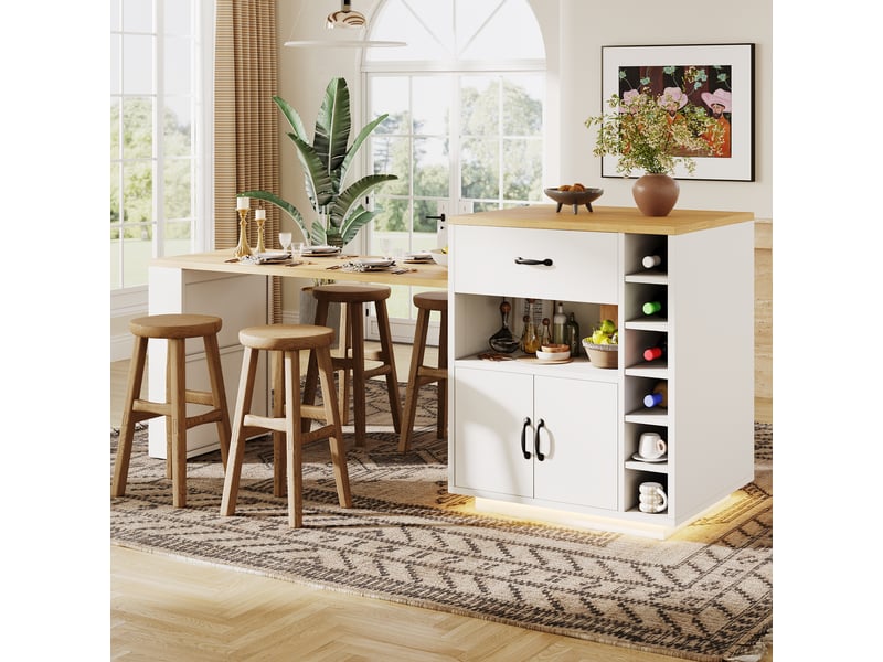 Îlot de cuisine avec table extensible blanc, éclairage led, 2 tiroirs, 4 portes, mdf et métal, 80x70x95.5 cm - Conforama B