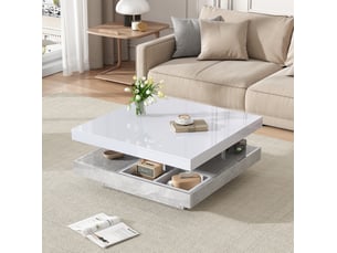 Table basse avec plateau pivotant à 360 degrés et niche de rangement, finition brillante, pour salon, 70 × 70 × 36 cm