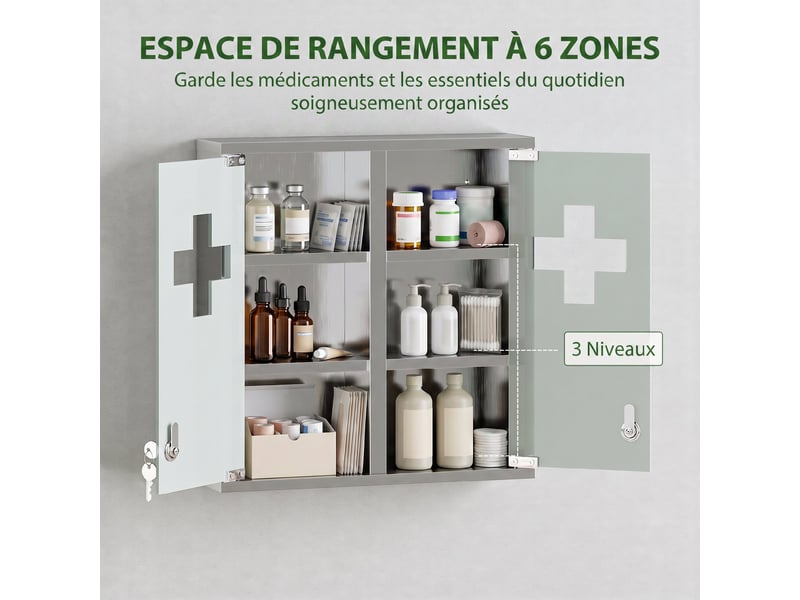  Armoire à pharmacie murale avec portes en verre verrouillables 2 clés, étagères de rangement, 46 x 12 x 48 cm, argenté  - Conforama D
