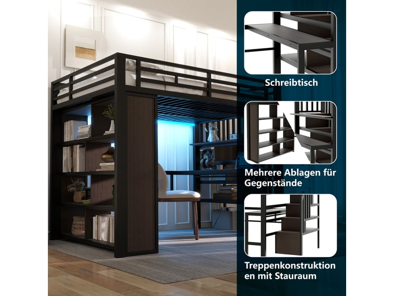  Lit mezzanine 140x200 cm avec bureau, rangements et led coloris noir  - Conforama E
