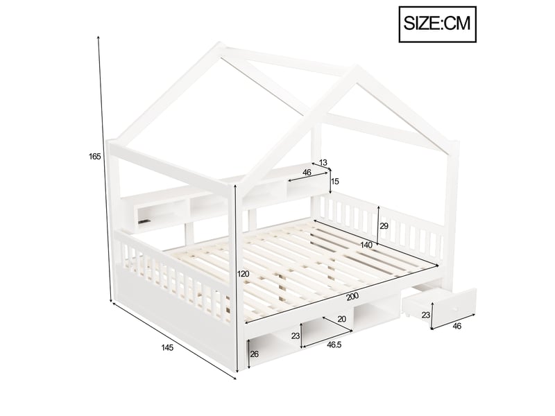 Lit 140x200 cm avec cadre en toit, rangements, éclairage et prises, pour chambre, en bois et mdf, blanc, sans matelas - Conforama C