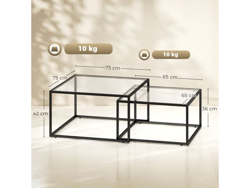  Tables basses gigognes rondes 2 pièces en verre trempé avec cadre métallique noir et pieds réglables pour salon  - Conforama C
