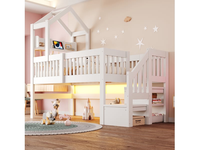 Lit surélevé enfant 90x200 cm, cadre toit, rangements, usb, led, garde-corps, bois de pin, blanc, sans matelas - Conforama D