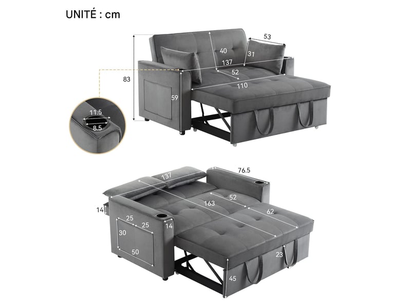  Canapé convertible 2 places en velours gris N653P464748G - Conforama C
