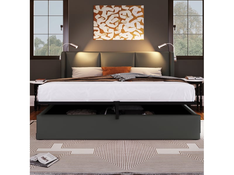 Lit double rembourré avec coffre de rangement, lampe de lecture et charge usb, en pu gris 160×200 avec matelas - Conforama E