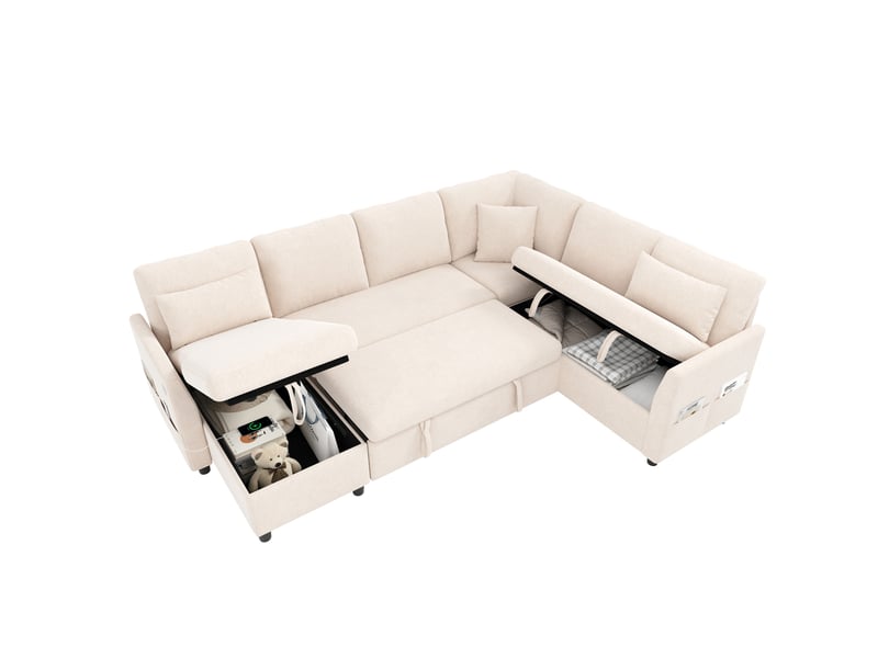 Canapé d’angle modulable 6 places 255x196x85 cm convertible avec coffre en métal et bois couleur beige, design moderne - Conforama A