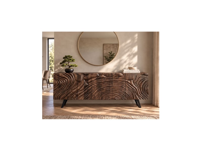  Buffet gaïa 177 cm en bois massif de manguier foncé – 4 portes – façades sculptées – marron et noir  - Conforama E