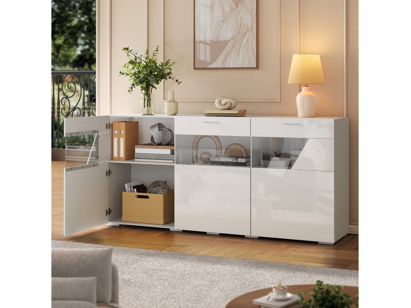  Buffet 160x38x78 cm 3 portes avec led, blanc brillant  - Conforama E