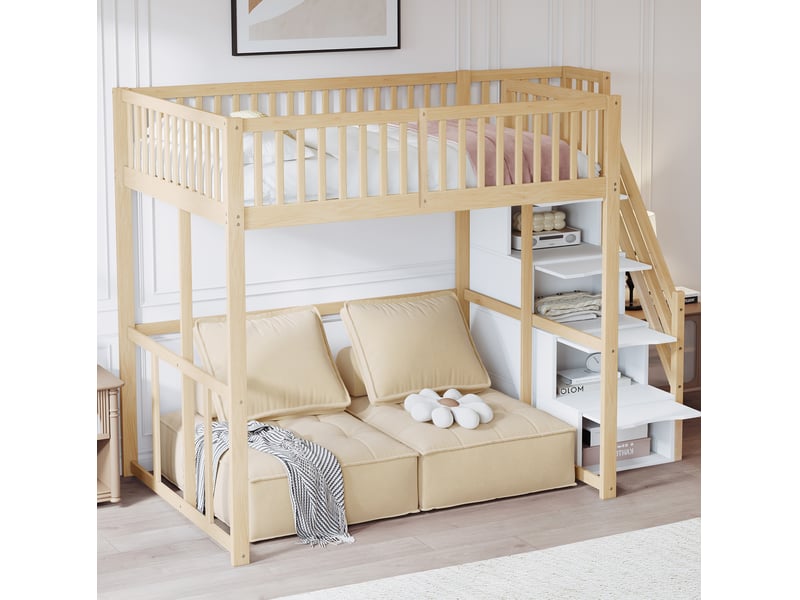  Lit mezzanine, 140x200 cm, pour chambre, avec escalier aménagé, garde corps, matelas non inclus, bois, coloris naturel  - Conforama E