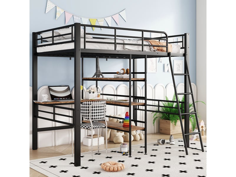  Lit mezzanine 90x200 cm noir avec bureau, étagères, garde-corps et échelle  - Conforama B
