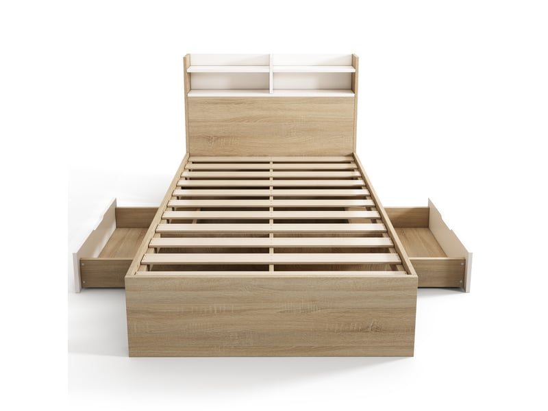  Lit enfant 90x200 cm tête avec rangement, 2 tiroirs et cases, panneau de particules et bois, blanc chêne, sans matelas  - Conforama D