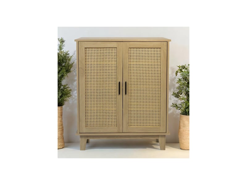Commode 2 portes et 3 étagères cannage bois naturel 80 x 34 x 96 cm 62106 - Conforama C
