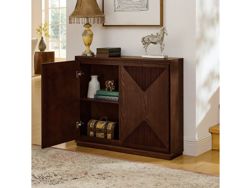  Buffet rangement intégré format étroit forme en v style mid-century modern bois de noyer foncé  - Conforama B