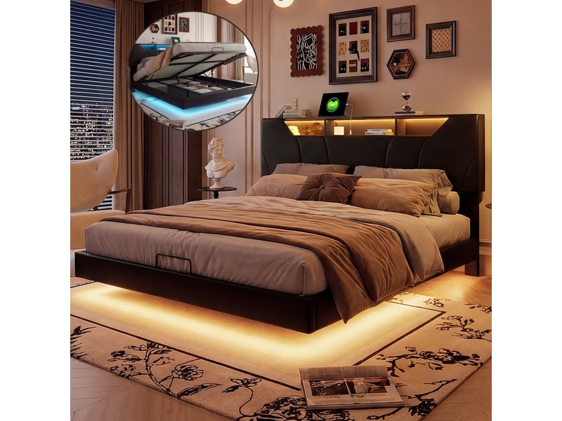  Lit coffre double 160x200cm en pu pour 2 personnes, avec led et usb, grand espace de rangement hydraulique, tête de lit réglable  - Conforama B