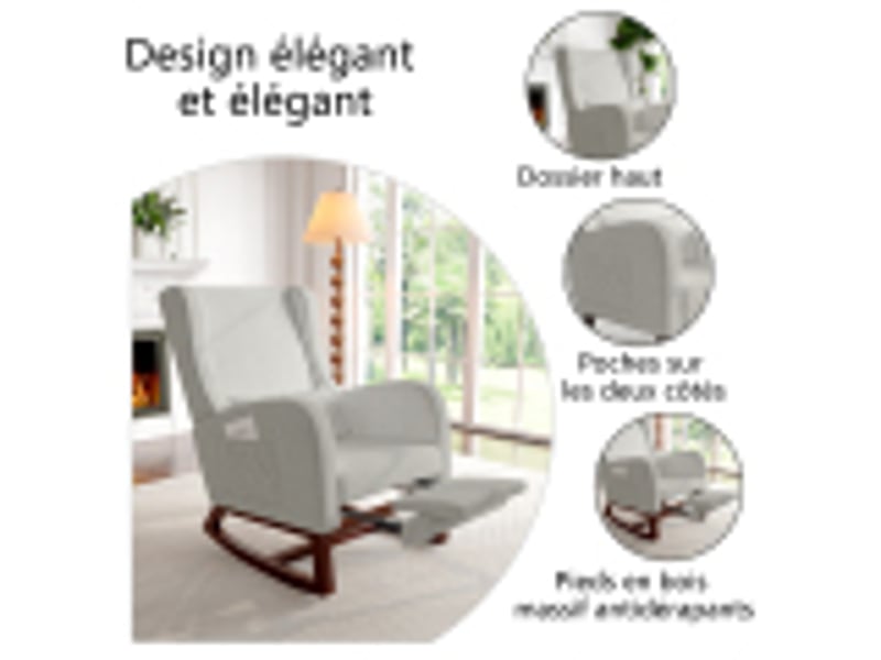  Fauteuil à bascule avec repose-pieds, chaise d'allaitement avec poche latérale, rocking chair avec pieds en bois massif pour salon, chambre, gris  - Conforama C