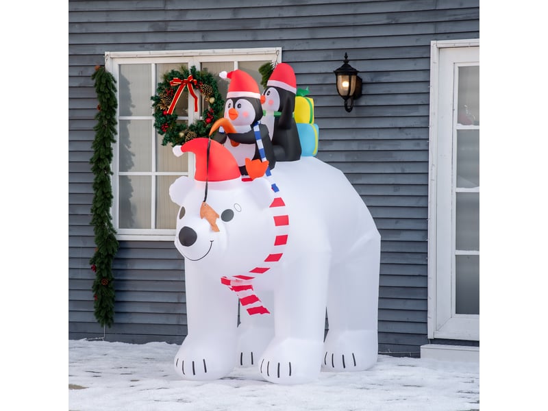  Ours polaire gonflable de noël avec lumières led 206cm décoration gonflable de noël imperméable avec 2 pingouins  - Conforama C