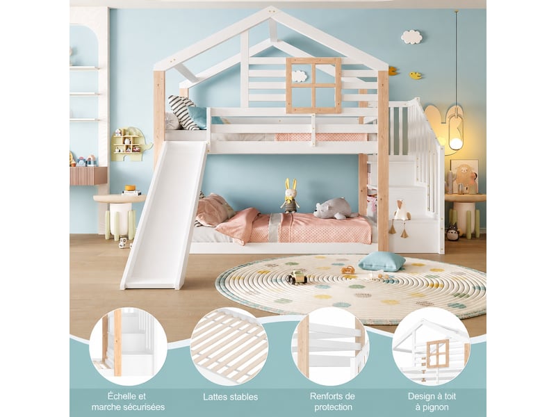  Lit superposé enfant avec toboggan et escalier, 90 x 200 cm, bois blanc  - Conforama E