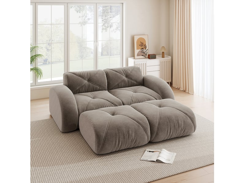  Canapé droit modulaire 2 places taupe en tissu, avec 2 poufs, sans montage, idéal pour le salon familial  - Conforama B