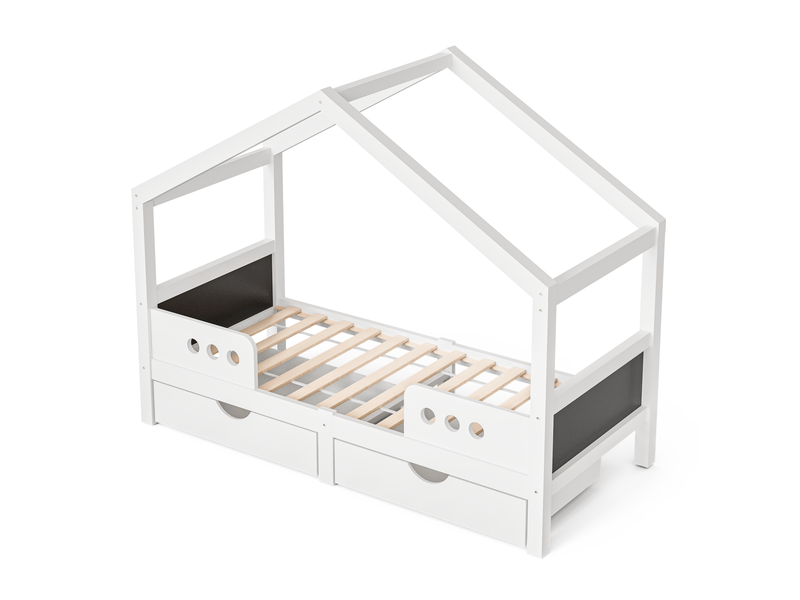  Elvmi lit cabane enfant avec toit, 2 grands tiroirs, structure bois et mdf, finition vernis uv quasi inodore, tableau intégré, charge maximale 120 kg, pour matelas 90x200 cm  - Conforama A