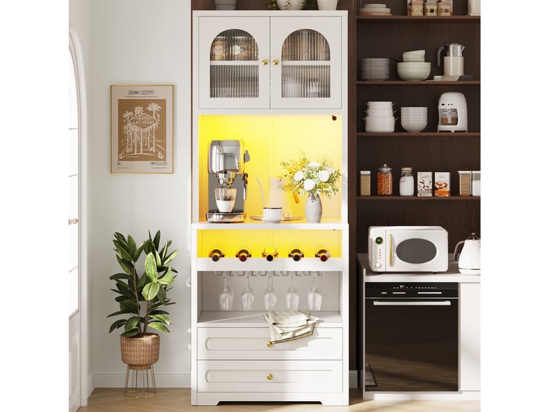  Buffet haut vitré avec étagères réglables, led et porte-bouteilles, pour cuisine, en mdf blanc, 140 × 40 × 180 cm  - Conforama B
