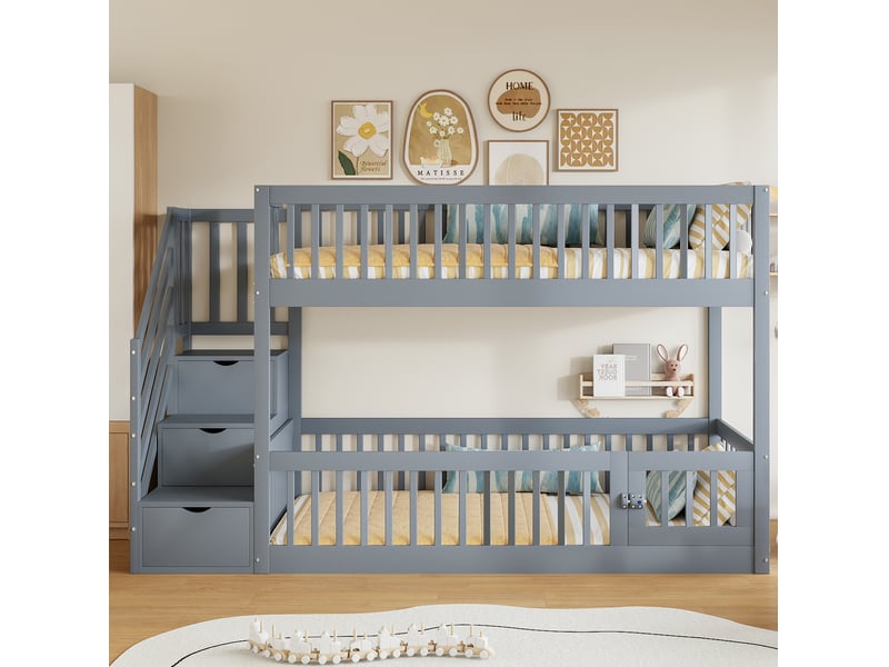 Lit superposé 90x200 cm avec barrières de sécurité, échelle avec tiroirs et 1 sommier, bois, couleur gris, sans matelas - Conforama E