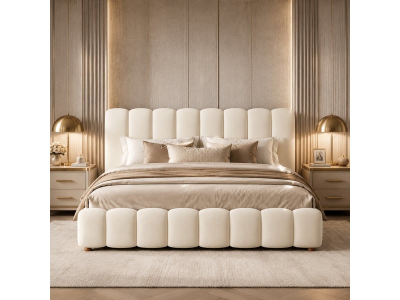  Lit coffre double 180×200 cm, vérins hydrauliques et tête de lit  - sans matelas, velours beige  - Conforama C