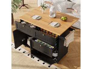 Îlot de cuisine noir extensible, meuble de rangement cuisine en mdf avec portes 3d et roulettes, 133x37.3x88cm