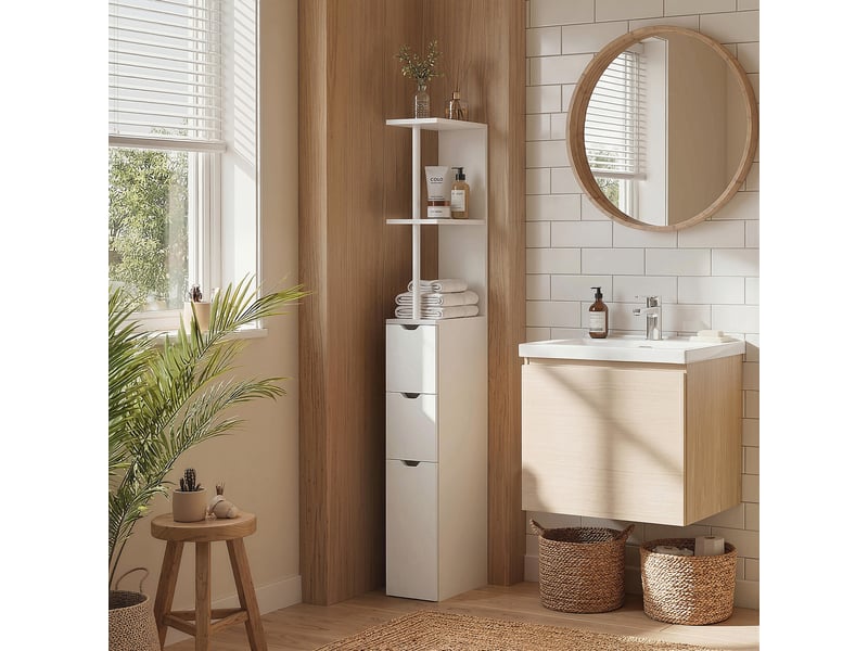 Meuble colonne salle de bain armoire de salle de bain avec tiroirs étagères ouvertes placard blanc 15 x 33 x 136,8 cm - Conforama B