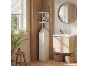 Meuble colonne salle de bain armoire de salle de bain avec tiroirs étagères ouvertes placard blanc 15 x 33 x 136,8 cm