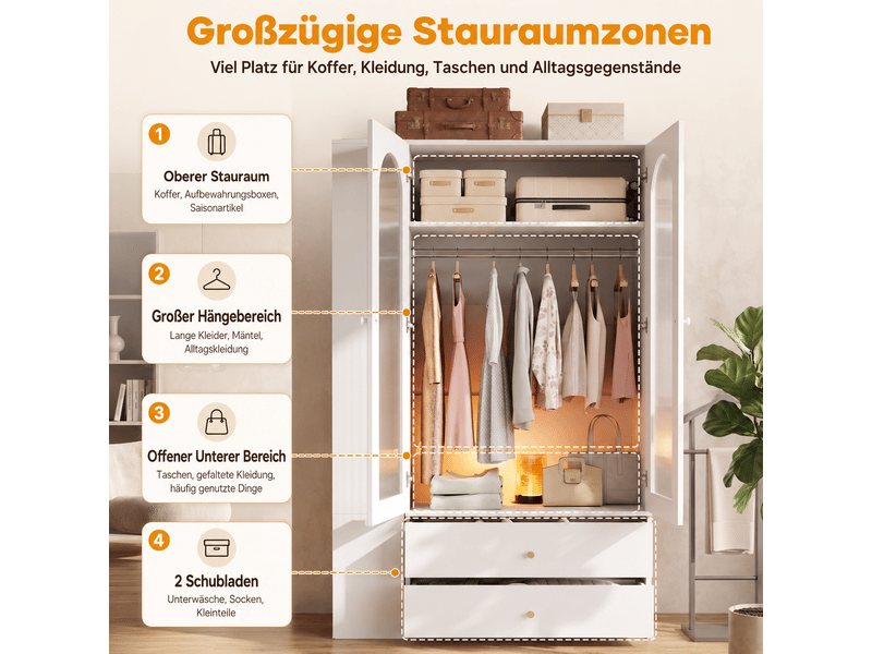  Armoire penderie modulable 120 cm, 2 portes en verre cannelé, 2 tringles, 4 tiroirs, meuble latéral réversible, structure mdf et acier, blanc  - Conforama E