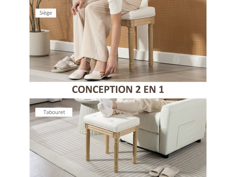  Repose pied salon, ottoman, siège rembourré en tissu aspect lin avec pieds en bois d'hévéa, 42 x 32 x 46,5 cm, beige  - Conforama R