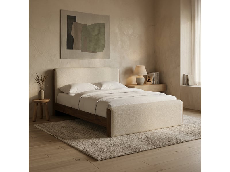  Lit double en tissu beige et bois foncé 160x200 cm  - Conforama B