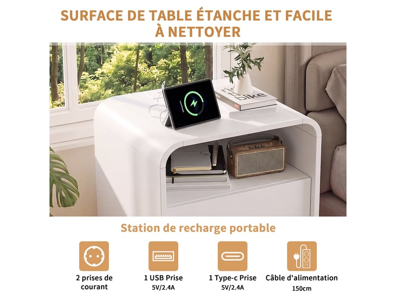  Lot de 2 tables de chevet 45 x 40 x 57 cm - avec éclairage led connecté et station de charge integrée – mdf – blanc  - Conforama E
