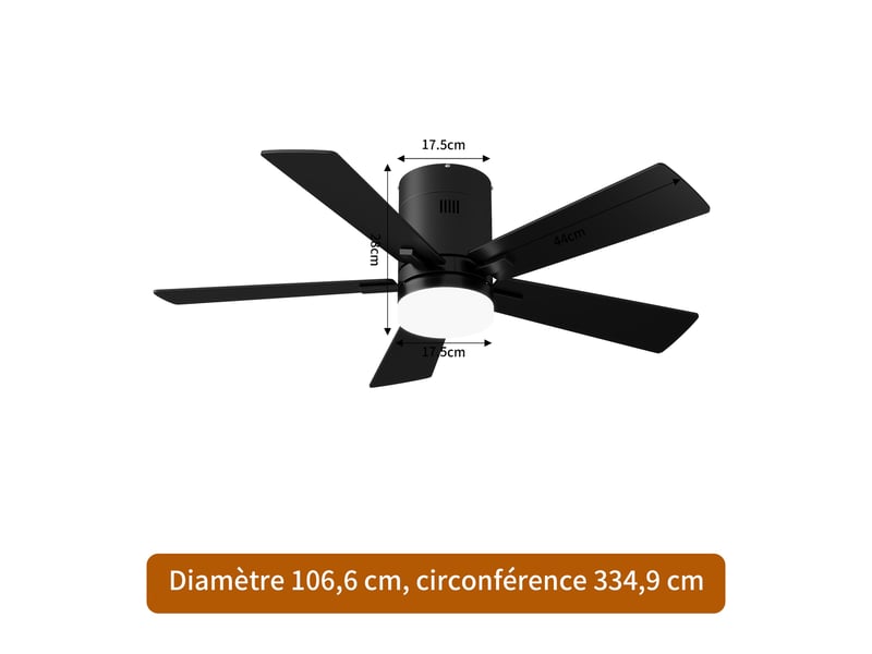  Ventilateur de plafond avec led - 42 pouces - 5 pales en contreplaqué, silencieux  - style moderne - noir  - Conforama E