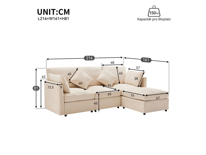  Canapé d'angle modenvie modulable 216 x 161 x 81 cm en chenille beige avec pouf mobile et 4 coussins  - Conforama C