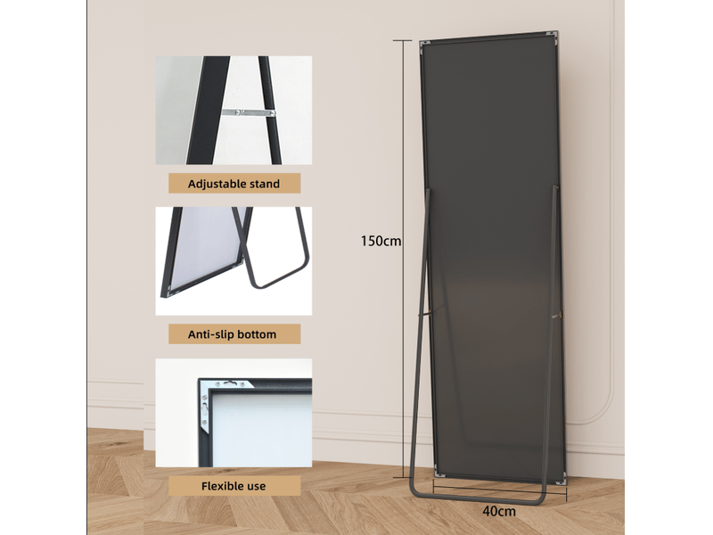 Miroir pleine longueur 150x40 cm, cadre aluminium noir, pied stable réglable, pour salon ou chambre, pose libre, noir - Conforama C