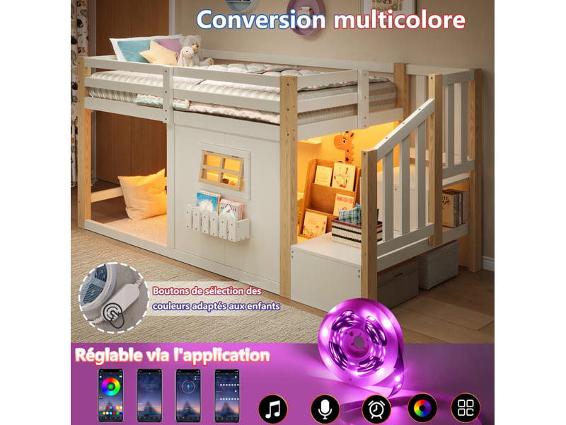  Lit mezzanine 90 × 200 cm 1 place, escalier avec 2 rangements et éclairage led réglable, sans matelas, blanc naturel  - Conforama E