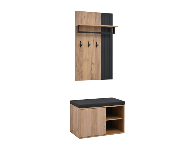  Meuble à chaussures 2 portes - armoire d'entrée noir et bois naturel, dos avec 3 crochets, 70x36x146 cm  - Conforama A