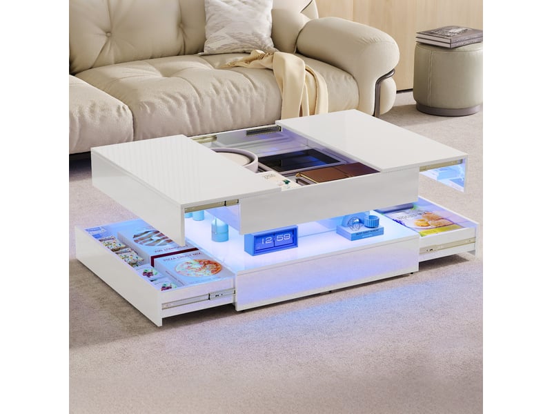 Table basse 78x78cm blanc brillant - design moderne, éclairage led rvb (télécommande et app) et 2 tiroirs - Conforama C
