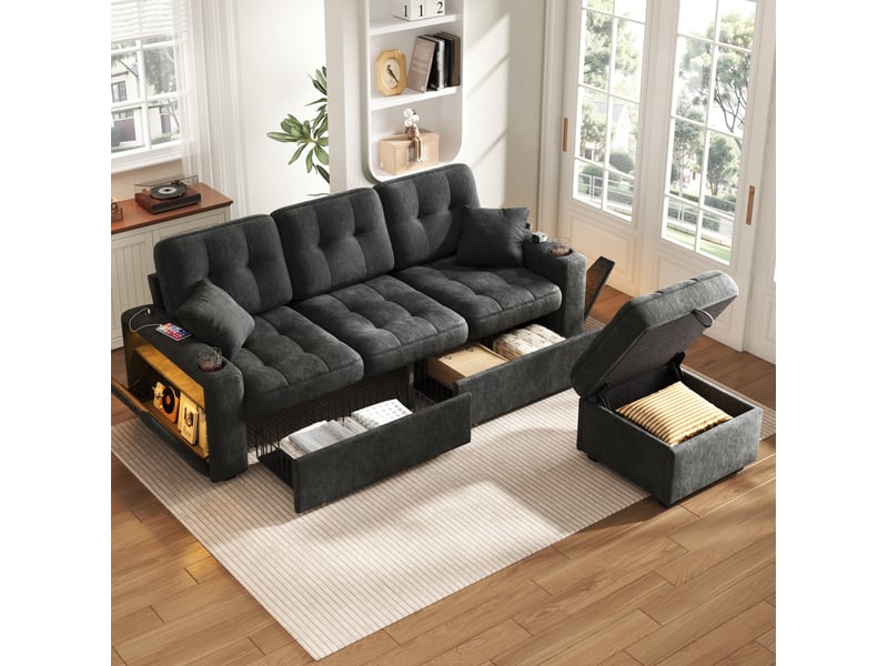 Canapé droit 3 places 194,5x133x83 cm avec 2 tiroirs, pouf de rangement, led, charge rapide, tissu chenille noir - Conforama B