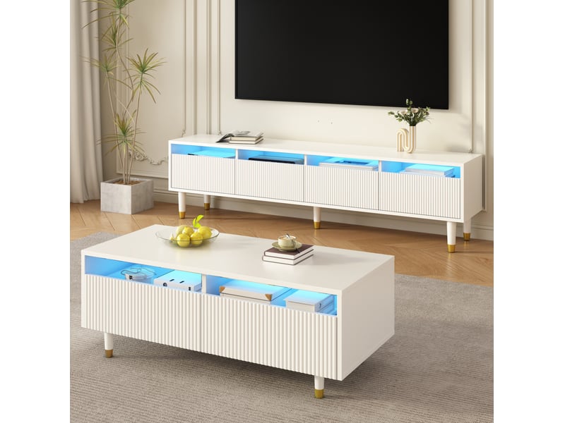  Ensemble meuble tv 178x35x45 cm et table basse 110x50x40 cm, led 7 couleurs, mdf et bois, blanc et doré  - Conforama B