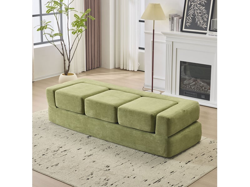  Canapé convertible 3 places modulaire avec 3 repose-pieds, fonction couchage et tapis de jeu en chenille vert  - Conforama D