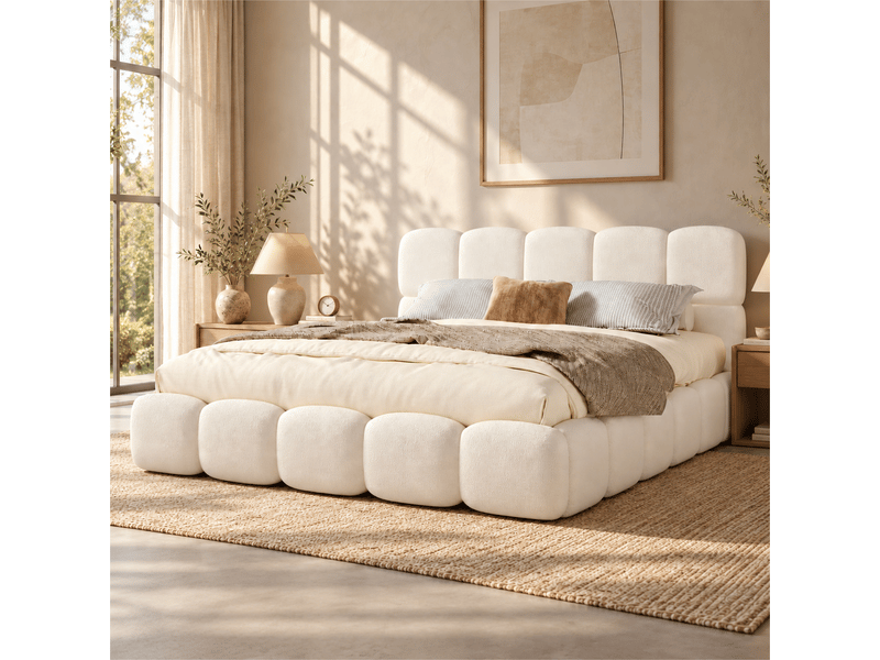 Lit double king size 200 x 200 cm, sommier à lattes relevable avec vérins hydrauliques, grand rangement, tête rembourrée, tissu bouclé, angles arrondis, blanc Luxe haut de gamme - Conforama W