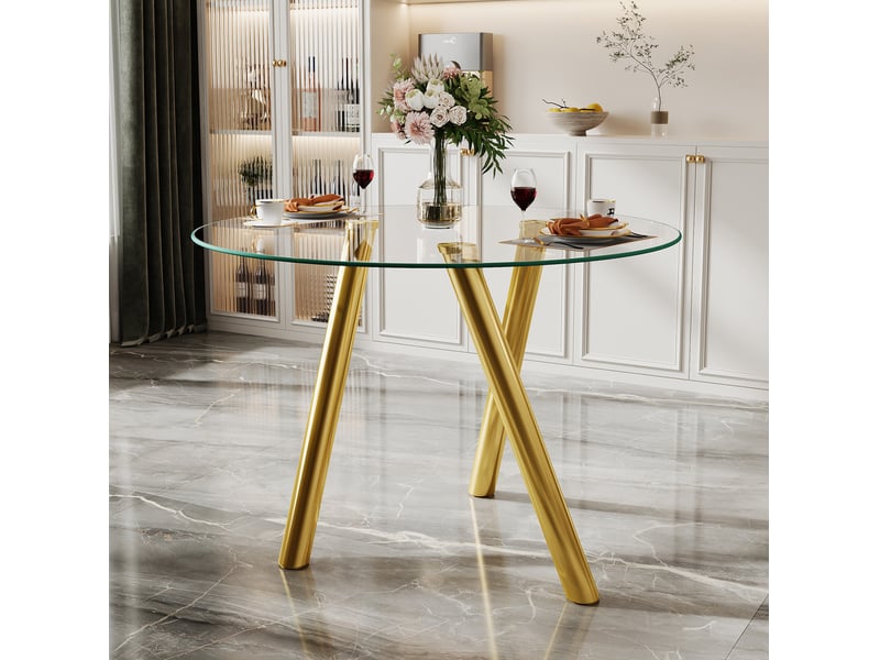  Table de salle à manger ronde 89 cm en verre trempé avec pieds en métal doré  - Conforama B