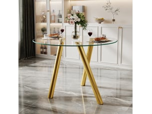 Table de salle à manger ronde 89 cm en verre trempé avec pieds en métal doré