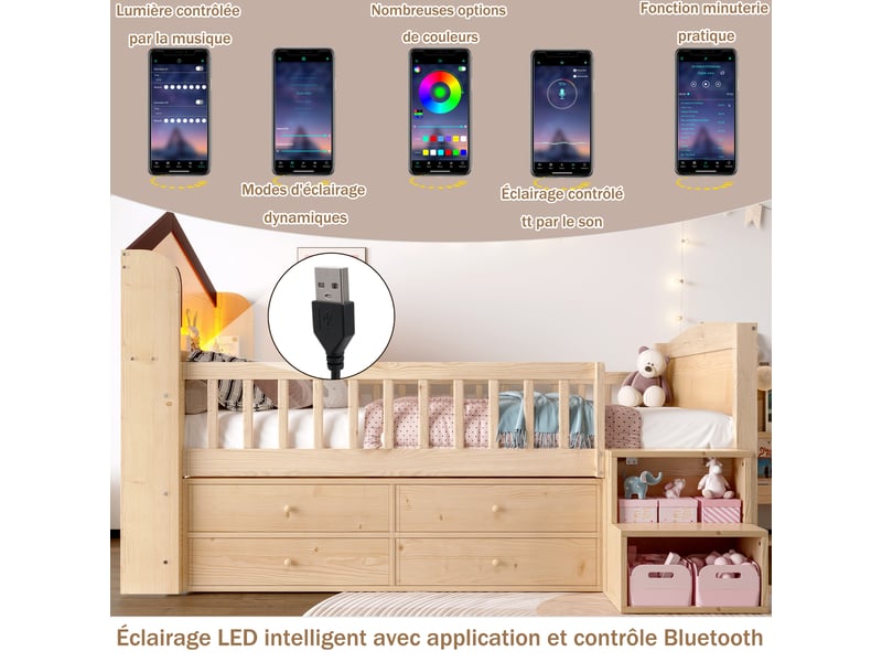 Lit mi-hauteur enfant 90x200 en forme de maison avec fenêtre, 4 tiroirs, led intégrée, échelle de rangement, bois naturel, sans matelas - Conforama E