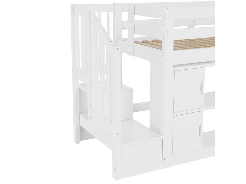 Lit mezzanine 90x200 cm blanc, avec rangements, étagères, escalier de rangement, led, sommier inclus, sans matelas - Conforama E
