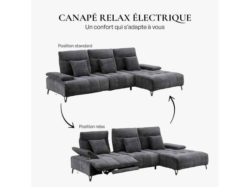  Canapé d'angle relax électrique en tissu matelassé noir - angle droit  - Conforama D